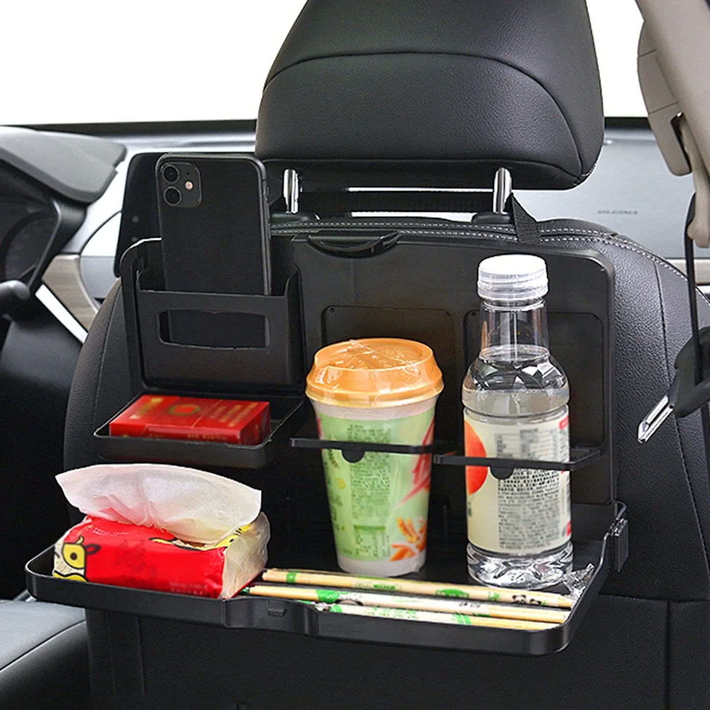 Car Backseat Food Travel Dining Meal & Snack Tray & Cup Holder for All Cars (Black) - 1 Piece